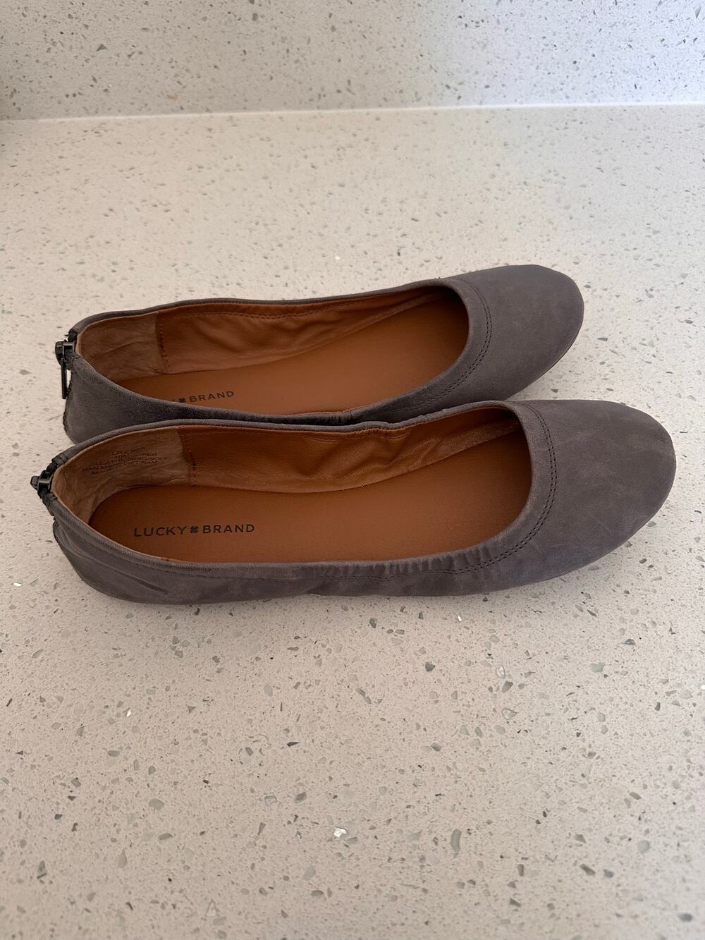 Lucky Brand Eikia Gray Ballet Flats Slip-On Shoes Back Zip Leather